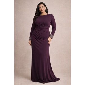NWT Calvin Klein Plum Purple Beaded‎ Cuff Ruched Gown Dress 16